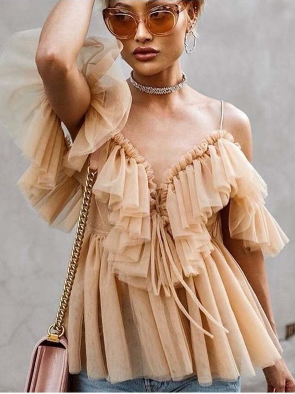 Simple Ruffle Sheer Spaghetti Strap Blouse